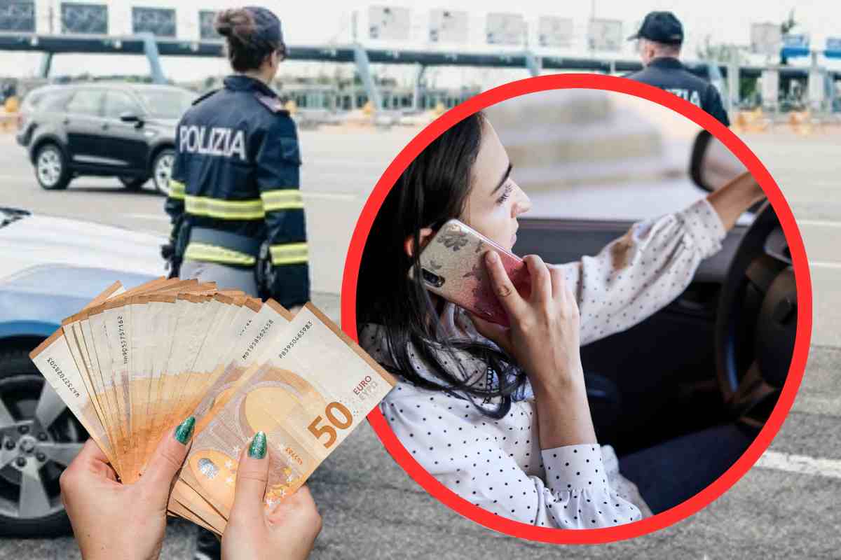 Un posto di blocco della Polizia Stradale ed una donna al telefono alla guida